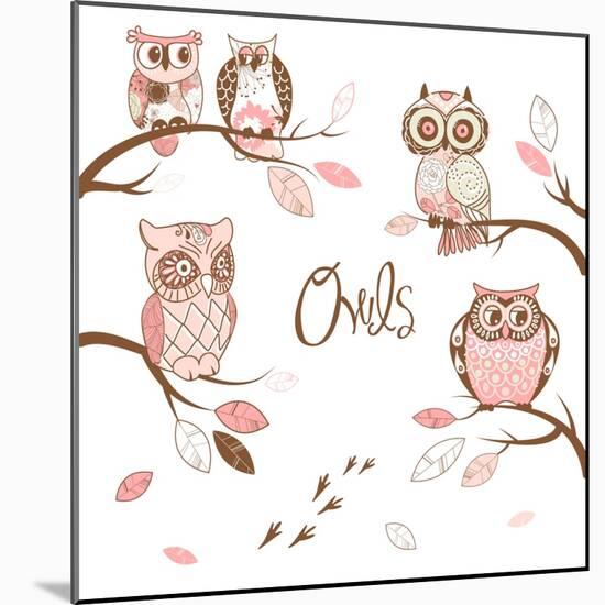 Owls, Trendy Card with Owls Sitting on the Brunches-Alisa Foytik-Mounted Art Print