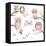 Owls, Trendy Card with Owls Sitting on the Brunches-Alisa Foytik-Framed Stretched Canvas