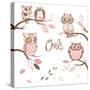Owls, Trendy Card with Owls Sitting on the Brunches-Alisa Foytik-Stretched Canvas