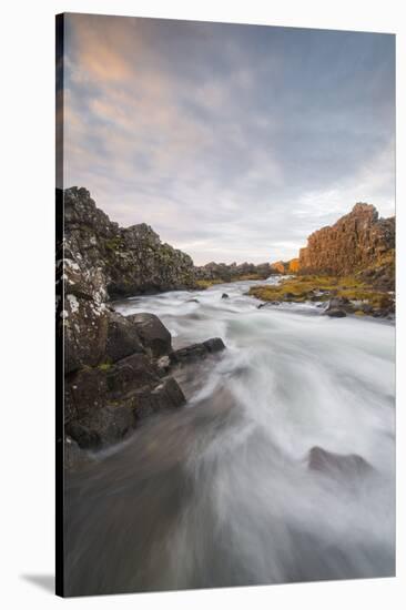 Oxararfoss River at sunrise, Thingvellir National Park, UNESCO World Heritage Site, Iceland, Polar -Jon Reaves-Stretched Canvas