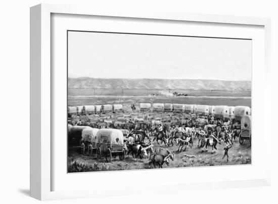 Oxen Being Yoked up in a Corral of Covered Wagons in a Painting by W. H. Jackson, Scotts Bluff, Neb-William Henry Jackson-Framed Giclee Print