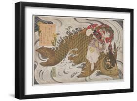 P.375-1937 Oniwaka Mara (Little Demon) Overcoming a Giant Carp, Surimono Diptych, Scene from the…-Toyota Hokkei-Framed Giclee Print