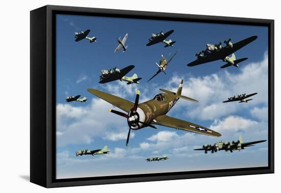 P-47 Thunderbolts Escorting B-17 Flying Fortress Bombers-null-Framed Stretched Canvas