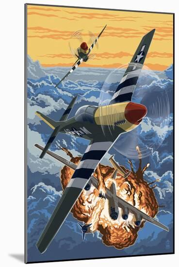 P-51 Mustang Mission with Bomber (Image Only)-Lantern Press-Mounted Art Print