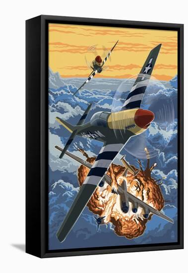 P-51 Mustang Mission with Bomber (Image Only)-Lantern Press-Framed Stretched Canvas