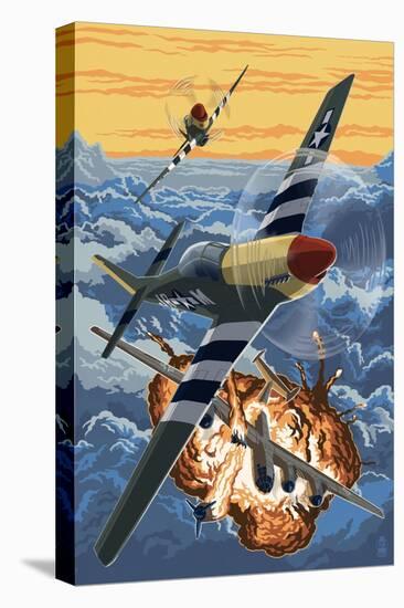 P-51 Mustang Mission with Bomber (Image Only)-Lantern Press-Stretched Canvas