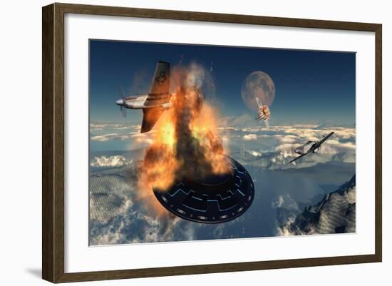 P-51 Mustangs Attacking a Flying Saucer-null-Framed Art Print