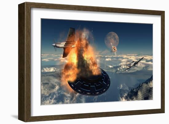 P-51 Mustangs Attacking a Flying Saucer-null-Framed Art Print