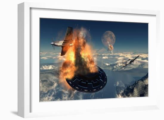 P-51 Mustangs Attacking a Flying Saucer-null-Framed Art Print