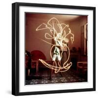 Pablo Picasso Creating Light Drawing of Vase of Flowers, Alone-Gjon Mili-Framed Premium Photographic Print