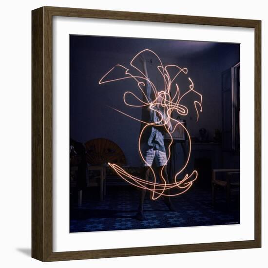 Pablo Picasso Drawing an Image Using a Light Pen-Gjon Mili-Framed Premium Photographic Print