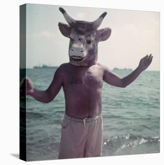 Pablo Picasso Wearing a Cow's Head Mask on Beach at Golfe Juan Near Vallauris-Gjon Mili-Stretched Canvas
