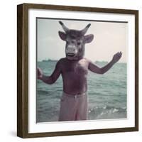 Pablo Picasso Wearing a Cow's Head Mask on Beach at Golfe Juan Near Vallauris-Gjon Mili-Framed Premium Photographic Print