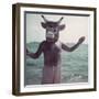 Pablo Picasso Wearing a Cow's Head Mask on Beach at Golfe Juan Near Vallauris-Gjon Mili-Framed Premium Photographic Print