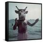 Pablo Picasso Wearing a Cow's Head Mask on Beach at Golfe Juan Near Vallauris-Gjon Mili-Framed Stretched Canvas