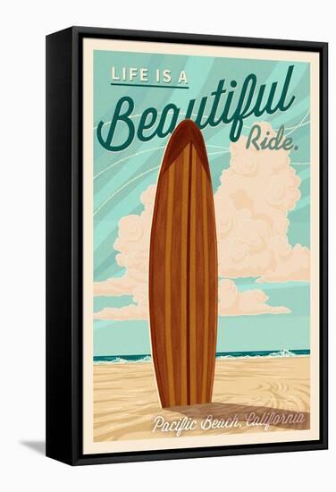 Pacific Beach, California - Life is a Beautiful Ride - Surfboard Letterpress-Lantern Press-Framed Stretched Canvas