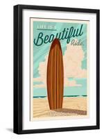 Pacific Beach, California - Life is a Beautiful Ride - Surfboard Letterpress-Lantern Press-Framed Art Print
