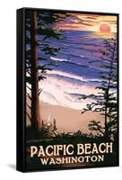 Pacific Beach, Washington - Sunset Beach and Surfers-Lantern Press-Framed Stretched Canvas