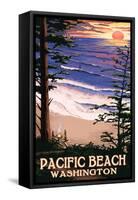 Pacific Beach, Washington - Sunset Beach and Surfers-Lantern Press-Framed Stretched Canvas