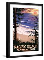 Pacific Beach, Washington - Sunset Beach and Surfers-Lantern Press-Framed Art Print