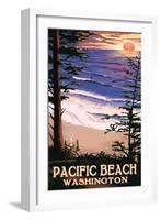 Pacific Beach, Washington - Sunset Beach and Surfers-Lantern Press-Framed Art Print