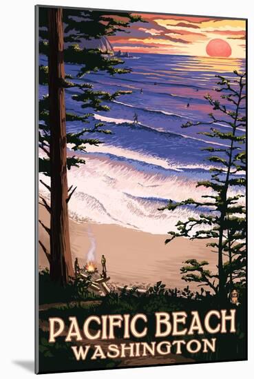 Pacific Beach, Washington - Sunset Beach and Surfers-Lantern Press-Mounted Art Print