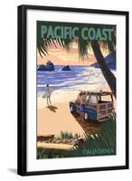 Pacific Coast, California - Woody on Beach-Lantern Press-Framed Art Print