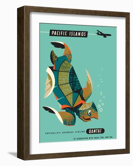 Pacific Islands - Qantas Airways - Green Sea Turtle - Vintage Airline Travel Poster, 1960s-Harry Rogers-Framed Art Print