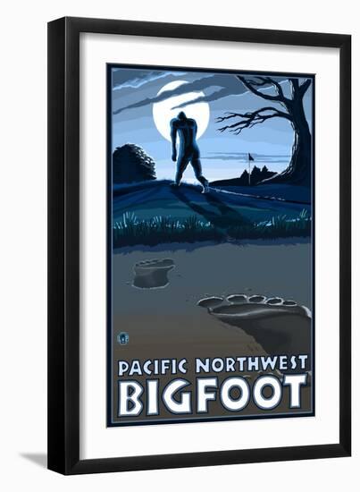 Pacific Northwest - Bigfoot Scene-Lantern Press-Framed Art Print