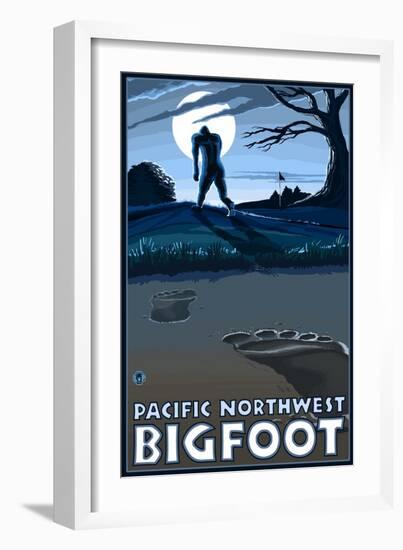 Pacific Northwest - Bigfoot Scene-Lantern Press-Framed Art Print