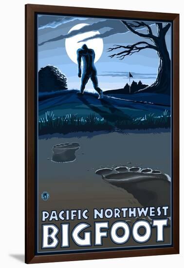 Pacific Northwest - Bigfoot Scene-Lantern Press-Framed Art Print