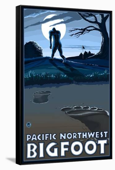 Pacific Northwest - Bigfoot Scene-Lantern Press-Framed Stretched Canvas