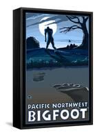Pacific Northwest - Bigfoot Scene-Lantern Press-Framed Stretched Canvas