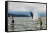 Paddle boarders and Humpback Whale (Megaptera novaeangliae) in the Pacific Ocean, Nuqui, Colombia-null-Framed Stretched Canvas