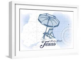 Padre Island, Texas - Beach Chair and Umbrella - Blue - Coastal Icon-Lantern Press-Framed Art Print