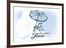 Padre Island, Texas - Beach Chair and Umbrella - Blue - Coastal Icon-Lantern Press-Framed Premium Giclee Print