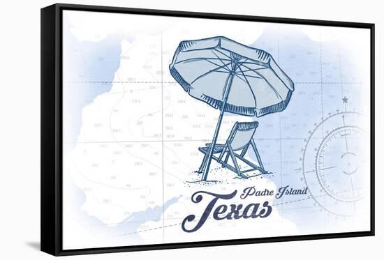 Padre Island, Texas - Beach Chair and Umbrella - Blue - Coastal Icon-Lantern Press-Framed Stretched Canvas