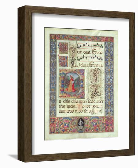 Page from a Manuscript with a Historiated Initial 'D' Depicting King David, C.1480 (Vellum)-Giuliano Amadei-Framed Premium Giclee Print