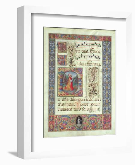 Page from a Manuscript with a Historiated Initial 'D' Depicting King David, C.1480 (Vellum)-Giuliano Amadei-Framed Premium Giclee Print