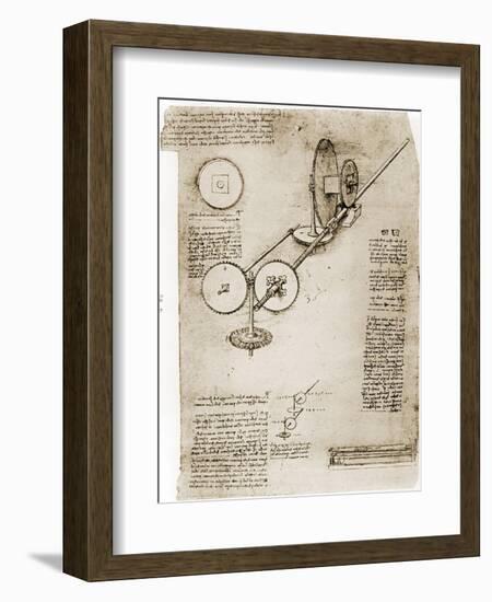 Page from the Notebooks of Leonardo Da Vinci Showing Geared Device Assembled, 1500-null-Framed Art Print