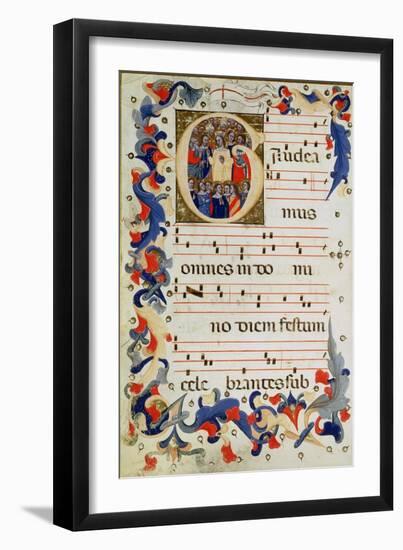 Page of Musical Notation with a Historiated Initial 'G' Depicting a Group of Saints with St. Ursula-Italian-Framed Giclee Print