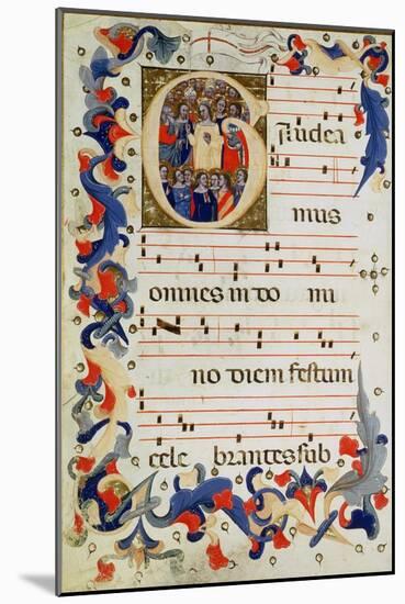 Page of Musical Notation with a Historiated Initial 'G' Depicting a Group of Saints with St. Ursula-Italian-Mounted Giclee Print