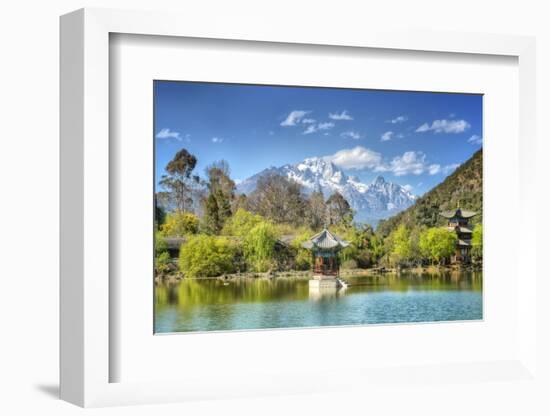 Pagodas with Yu Long Xue Shan (Jade Dragon Snow Mountain) in Jade Spring Park in Spring-Andreas Brandl-Framed Photographic Print