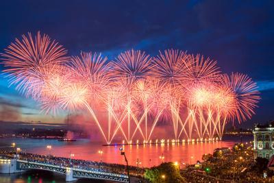 Crowd on Palace Bridge Look at Beautiful Fireworks at Night in St. Petersburg, Russia. I Have Only