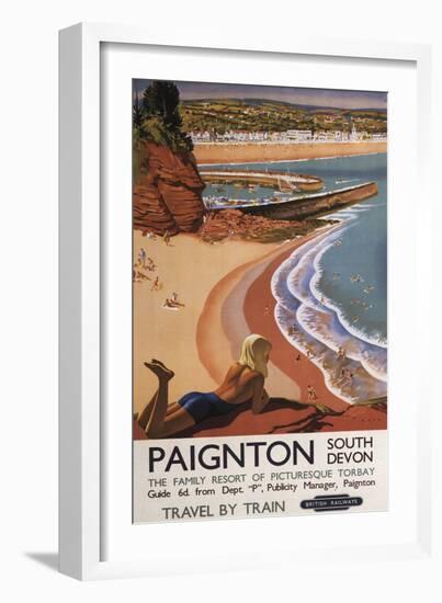 Paignton, England - British Railways Girl Looking over a Cliff Poster-Lantern Press-Framed Art Print