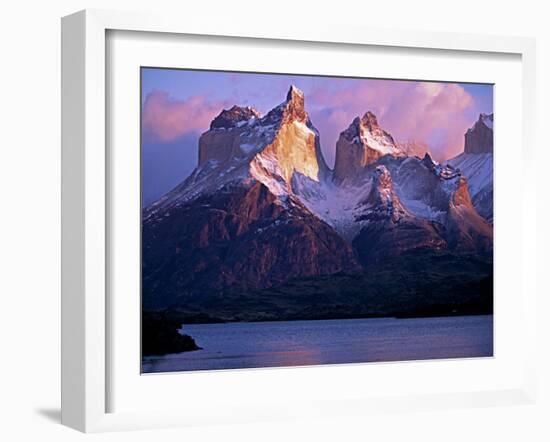 Paine Massif at Dawn, Seen across Lago Pehoe, Torres Del Paine National Park, Chile-John Warburton-lee-Framed Photographic Print