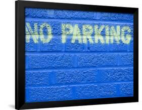 Painted Blue Brick Wall with No Parking Sign-John Nordell-Framed Photographic Print