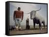 Painted Concrete Sculpture of Paul Bunyon and His Blue Ox, Babe Standing on Shores of Lake Bemidji-Andreas Feininger-Framed Stretched Canvas