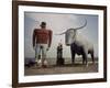 Painted Concrete Sculpture of Paul Bunyon and His Blue Ox, Babe Standing on Shores of Lake Bemidji-Andreas Feininger-Framed Photographic Print