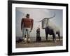 Painted Concrete Sculpture of Paul Bunyon and His Blue Ox, Babe Standing on Shores of Lake Bemidji-Andreas Feininger-Framed Photographic Print